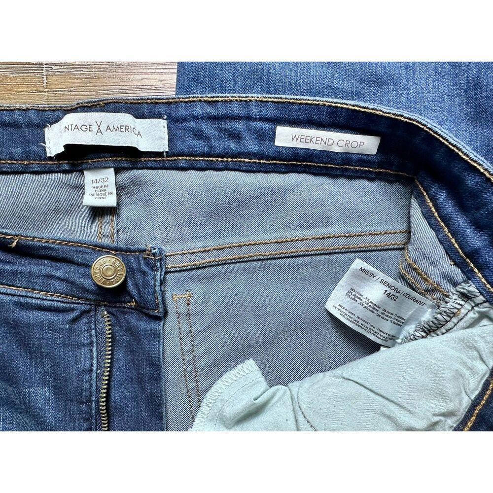 Vintage America Weekend Crop Jeans Women's 14 Blue Stretch Denim Straight - Picture 3 of 5
